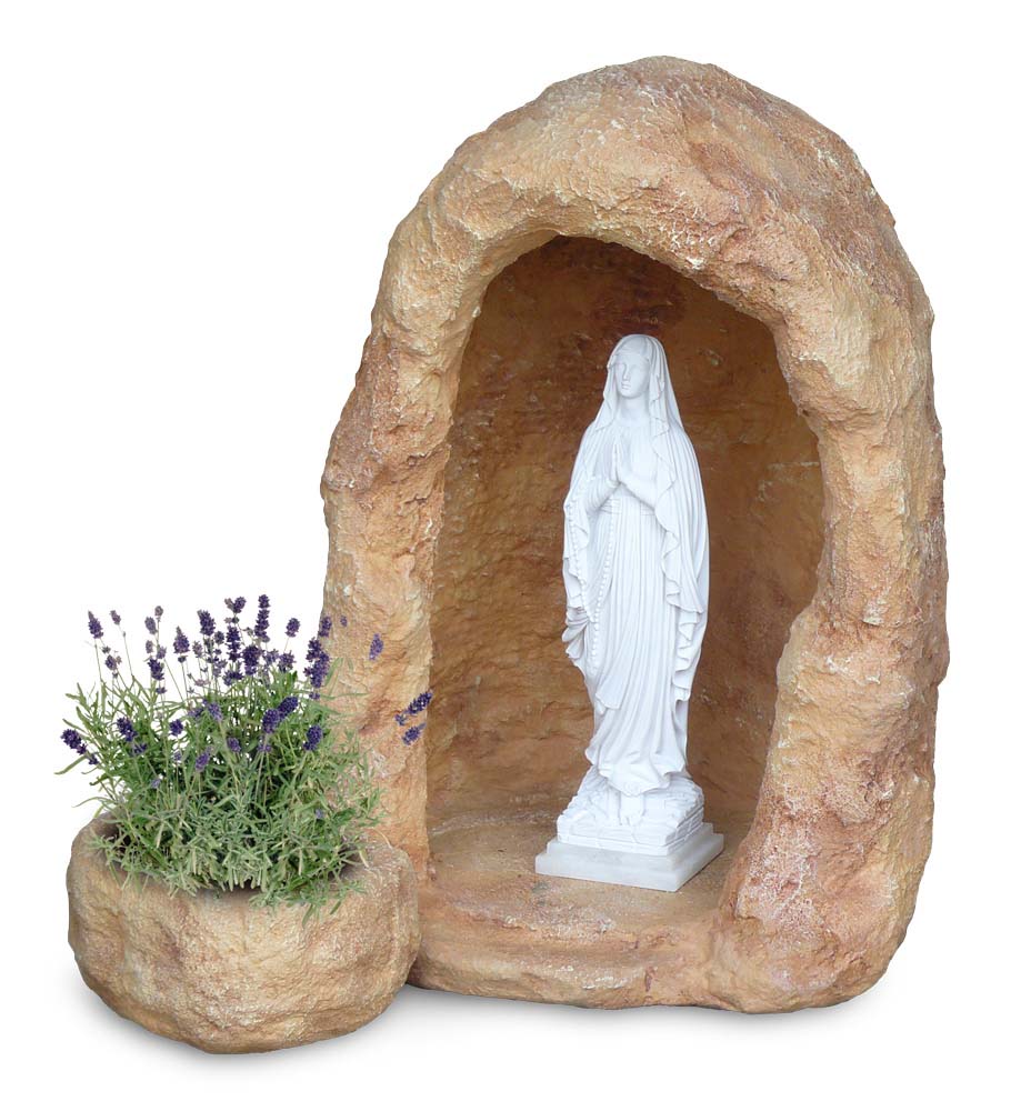 grotta in finta roccia con vasetto, per statua di altezza 60 cm circa, col. mattone, cod. 14NV60M
